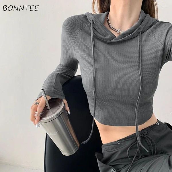 Camisetas con capucha para mujer, camisetas sexys con cordones, camisetas lisas ajustadas de manga larga informales para primavera, ropa de calle para entrenamiento, camisetas para mujer a la moda