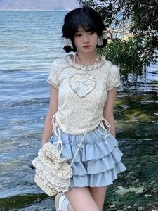 T-shirts Femmes Houzhou Kawaii Sweet Design Tees Top Femmes Mode coréenne Streetwear Oreilles en bois Floral Print Bandage Slim Soft Gril