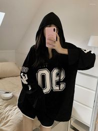 Dames T-shirts HOUZHOU Oversize T-shirts met capuchon Dames Vintage Y2k Letter Print Jaren 90 Esthetische Tops Koreaanse mode Casual Zwart Lange mouw