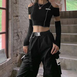 T-shirts Femmes Houzhou Punk Goth Hollow Out Crop Top Femmes Hip Hop Y2K Patchwork Manches courtes Gothique Noir Coréen Streetwear