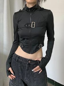 Camisetas para mujer Houzhou Techwear Gothic Black Camisetas de manga larga Mujeres Y2K Punk High Street Goth Core Corset Femenino Dark Egirl Crop Top