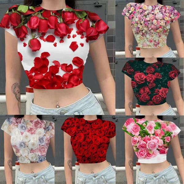 T-shirts Femmes Hoxixib Rose Fleur Femme Vêtements Couleur 3D Graphique Stitch Crop Top T-shirt Plante Sexy Slim Taille Haute Summer Gym Tees