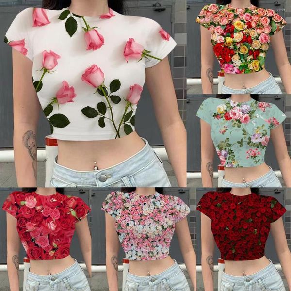 T-shirts Femmes Hoxixib T-shirt d'été Taille haute Point à manches courtes 3D Imprimer Rose Crop Top Sexy Beach Style Femme Vêtements Col rond