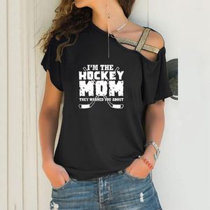 T-shirts Femmes Je suis la maman de hockey Cartoon Imprimer Lâche T-shirt irrégulier Femmes Sexy Skew Neck Cross Bandage Tops pour Femme Mère Amant