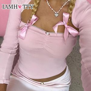 Dames t -shirts iamty Appliques Strapless Tube Top en lange mouw jumper 2 -delige set roze Coquette Casual Basic Crop Tops passen schattige vrouwen