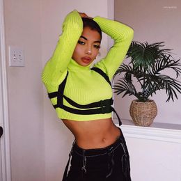 T-shirts pour femmes sac boucle Streetwear chemise femmes vert col haut mode femmes à manches longues hauts 2023 automne basique solide t-shirt