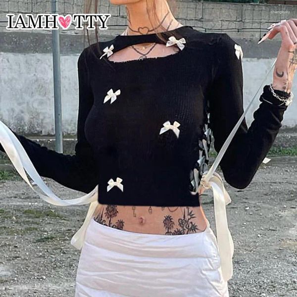 T-shirts Femmes IAMTY Kawaii Multi Bow Side Contraste Rubans À Lacets Top Court Noir Coquette Sexy Découpé Slim Waffle T-shirt Chic