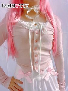 Dames T-shirts IAMTY roze Kawaii geknoopt gebreid vest Kant Patchwork Nep 2-delig Halter Cropped Top Lolita Japans esthetisch shirt