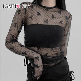 Dames t-shirts iamty sexy boog polka stip zie door mesh top zwarte vintage o-neck lange mouw smock tops lente herfst Koreaanse stijl
