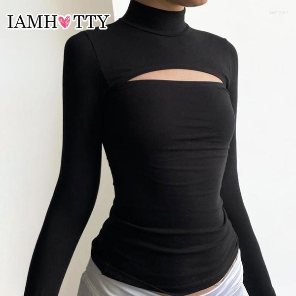 T-shirts Femmes Iamty Sexy Cut Out Turtleneck Top tricoté Femmes Automne 2023 Slim-Fit T-shirts à manches longues Casual Basic Solid Color Tops