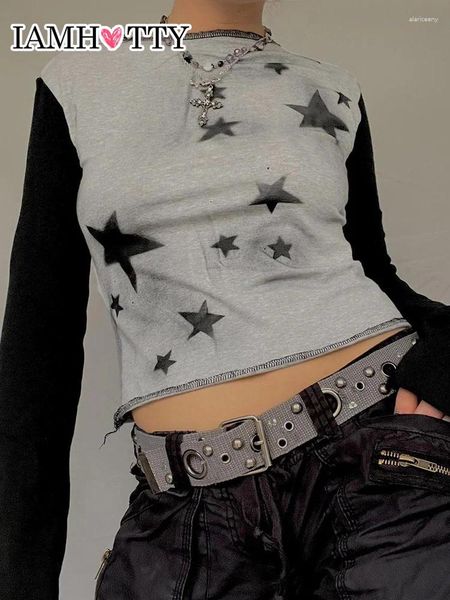 T-shirts Femmes IAMTY Star Graphic Print Vintage Crop Top Chemise à manches longues Femmes Gris Patchwork Pulls Automne Casual Basic Coton Tee