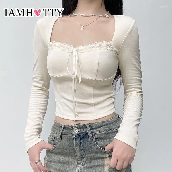 T-shirts pour femmes Iamty Sweet Lace Rubans Tie-Up Top Top Beige Couleur Doux Mature Slim T-shirts à manches longues Boutons Tops tricotés mignons