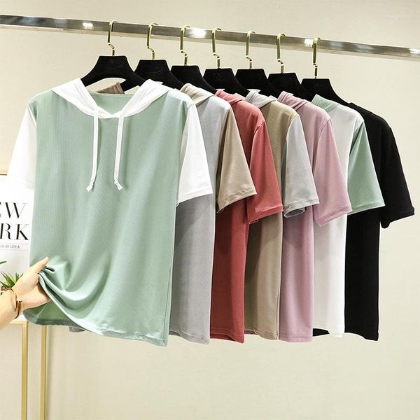 Camisetas de mujer Icesilk, camiseta de verano para mujer, camisetas con capucha, camisetas de manga corta, mezcla de colores, camisetas casuales sueltas, ropa de moda