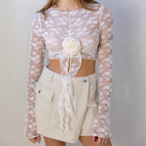 T-shirts pour femmes imcute en dentelle crop tops mince voir à travers la broderie de fleurs de rose 3D montrant des manches longues nombril pour le club de fête