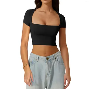 T-shirts voor dames Imcute crop-tops met vierkante hals, korte mouwen, effen kleur, slim-fit T-shirts, elastische blouses, streetwear