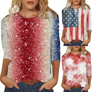 Camisetas de mujer Día de la independencia Verano Mujer Cuello redondo Camisa de siete mangas Bandera estadounidense Estampado de estrellas Calcetín suave informal ajustado para niño