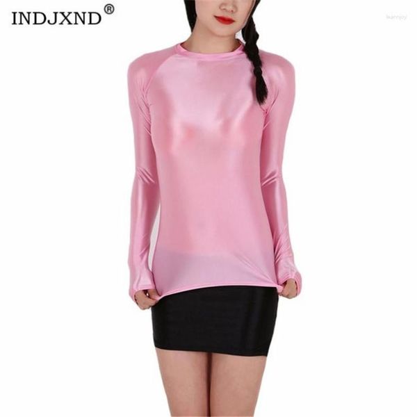 T-shirts Femmes Indjxnd Automne T-shirt à manches longues Femmes Basic Tee Casual O-Cou Brillant Brillant Fitness Bodycon Transparent Candy Couleurs