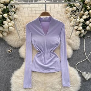 T-shirts pour femmes INS T-shirt à manches longues Violet clair Slim Fit Show Mince Tempérament Top Filles Casual Simple Couleur Solide Sous-couche