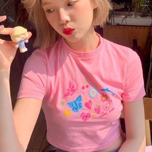 Dames t shirts ins retro mooie cartoon vlinder vlinder schattig grafisch roze crop tops zoete meisje zomer skinny sexy streetwear Koreaanse trend
