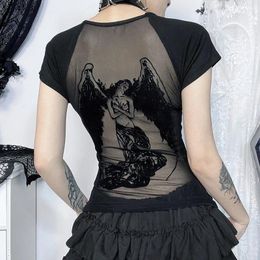 T-shirts de femmes T-shirt gothique sexy Isarose Sexy Gothic Summer Summer Black Short Sleeves Neck Back Mesh Flockable Brepinable See-Through Backless