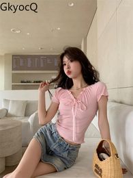Dames t shirts iyundo 2024 Koreaanse mode dames tops t-shirt v-neck kleding mouw sexy meisje slanke roze t-shirts vrouwelijke kleding