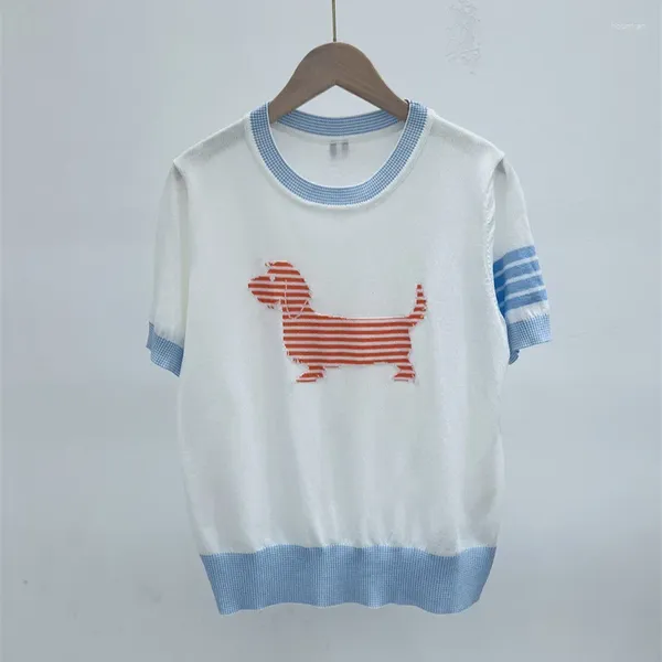 T-shirts Femmes Jacquard Dog Tee pour femmes Bleu Rayé Mode Tendance T-shirt Tricot Crochet Manches Courtes Preppy Jumper Chemise Y2k Vêtements