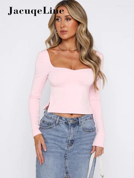 T-shirts pour femmes Jacuqeline Femmes Sexy Low Cut Slits Crop Tops À Manches Longues Amour Cou Dos Nu Mince De Base Mode Décontractée Y2K Automne Été