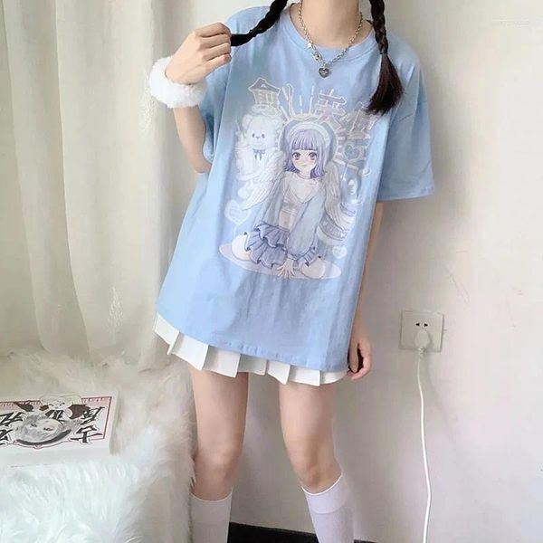 Camisetas para mujer Chica japonesa Camiseta con estampado de anime Patrón de dibujos animados de verano Y2k Tops Ropa holgada para mujer Ropa de calle bidimensional Kawaii