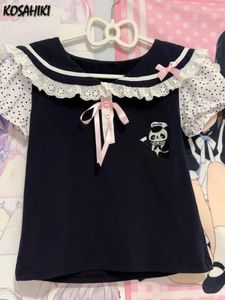 T-shirts Femmes Japonais Y2K T-shirt en dentelle Femmes Kawaii Dessin animé Broderie Graphique Harajuku Mode Casual Bow Tops Tees mignons Camisetas