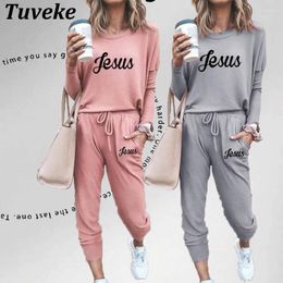 Camisetas de mujer con estampado de Jesús, traje deportivo de manga para mujer, ropa informal holgada versátil de Color sólido, ropa de calle de moda