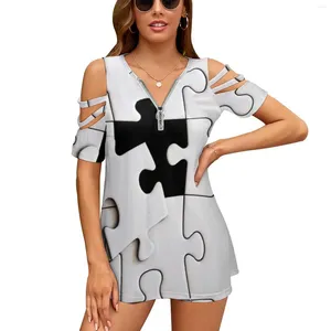 T-shirts pour femmes Puzzle Mode Zip Off Épaule Top Manches courtes Femmes Chemise Pièces Puzzles Popart