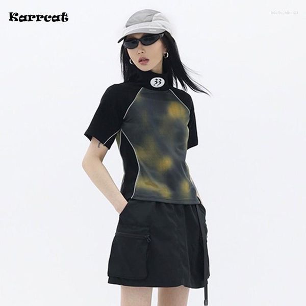 Camisetas de mujer Karrcat Cyber Y2k Tops Grunge Estética Patchwork Camiseta Moda coreana 3D Logo Línea brillante Camiseta Vintage Streetwear