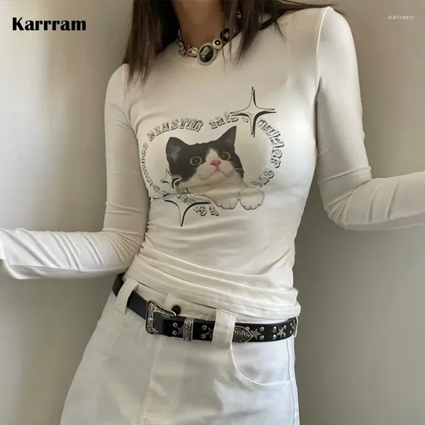 T-shirts pour femmes Karrram Fairycore Cat Print Shirt Japonais Harajuku Kawaii T-shirt Sweet Kitty Graphic Tee Y2k Esthétique Mignon Tops Chic