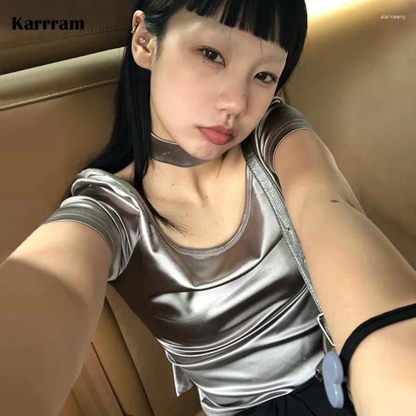 Camisetas para mujer Karrram Grunge estética Tops Y2k camiseta plateada brillante Harajuku japonés camiseta reflectante diseñador de moda coreana