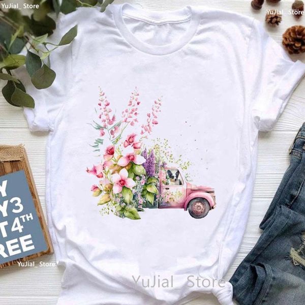 Camisetas para mujer, camiseta Kawaii con estampado de perro y coche con flores rosadas para niñas, camiseta de verano para mujer, camiseta fresca de campamento para mujer, Harajuku