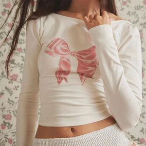Camisetas Kawaii para mujer, ropa informal dulce de manga larga con espalda abierta Y2k, camisetas estéticas Harajuku con bonito bordado de lazo, Top coreano Chic