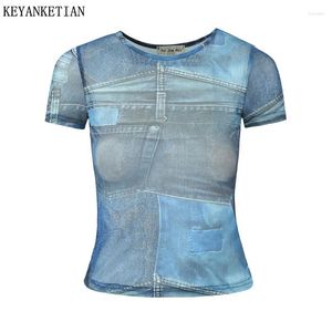 T-shirts pour femmes Keyankettian 2024 Lancez T-shirt serré T-shirt Summer Vintage O-Neck à manches courtes à manches à manches