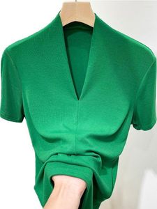 T-shirts voor dames, gebreide blouses en zomerkleding voor dames, V-hals, groen, blauw, grijs, slanke skinny, top met korte mouwen, T-shirt