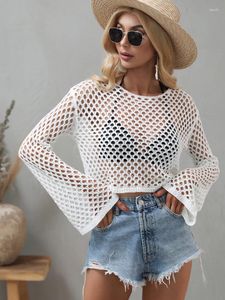 T-shirts Femmes T-shirt tricoté Blanc Sexy Transparent Vintage Summer Mesh Crop Top avec manches longues Basic Chemise surdimensionnée Femmes 2024