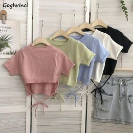 T-shirts Femmes T-shirts tricotés Femmes Casual Simple 5 couleurs Bandage d'été Femme All-Match Sweet Style coréen High Street Crop Tops Chic