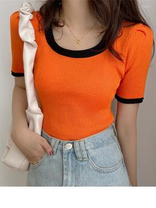 T-shirts pour femmes Tops tricotés pour femmes Orange Slim T-shirt court Patchwork Putff Sleeve Col carré T-shirt fin Femme All Match Tee Shirt