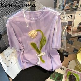 Camisetas para Mujer Komiyama, camisetas tridimensionales con flores de tulipán, camisetas de manga corta Y2k, Ropa dulce para Mujer, camisa para parejas de verano 2023