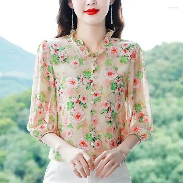 Camisetas para mujeres Corea 3/4 manga Damas Impresión Tops en v-chifón delgado gatillo floral bosques de ropa elegante camisetas