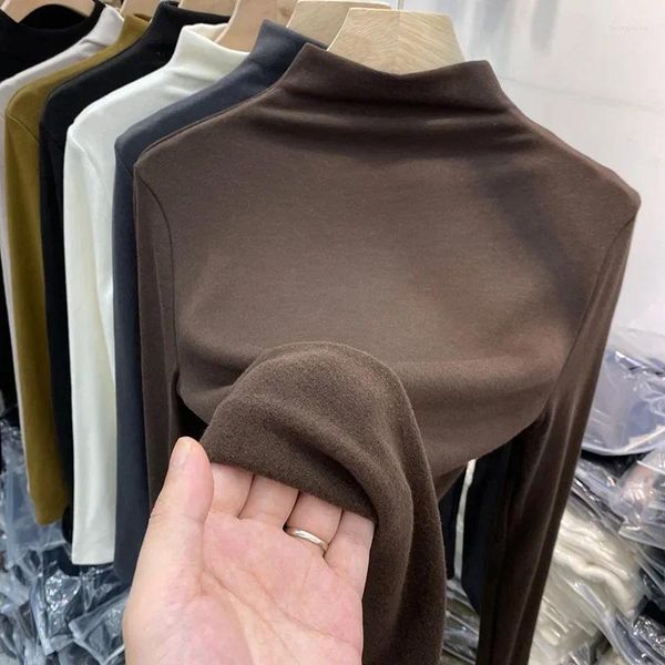 Camisetas para mujer Camiseta con base de cuello medio alto informal coreana para mujer Moda de otoño e invierno Tops cálidos y delgados para mujer Ropa sólida