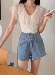 T-shirt da donna Coreana Chic Nicchia Maglia con cuciture Colletto Design Scollo a V Senza maniche Pelle T-shirt slim fit per tutta l'estate