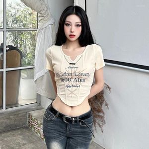Dames T-shirts Koreaanse modebriefprint Features All Match Casual Summer High Street Cool Youth Vitality Female V-Neck Fishbone Top