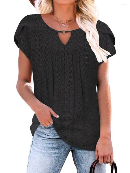 Camisetas de las mujeres Moda de la manga de pétalos cortos de moda coreana Camisetas para mujeres Cuello delantero de la tripulación Holte de llave del verano Tops suelto tops streetwear