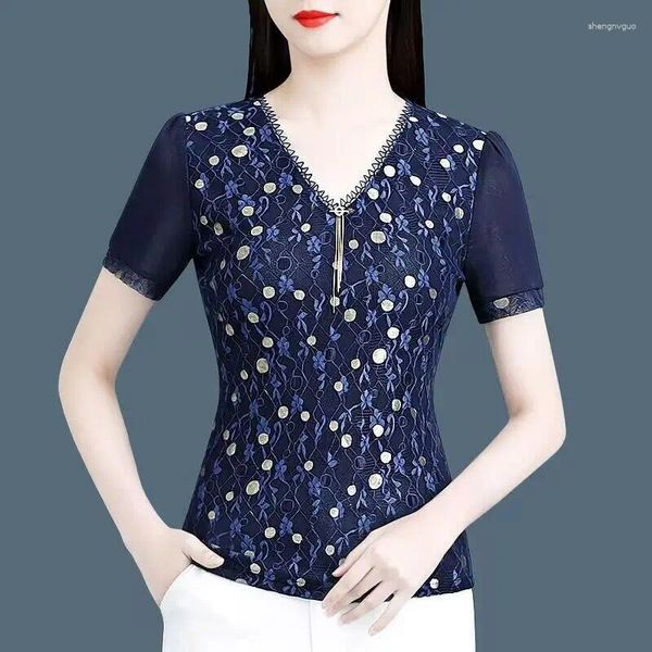 Camisetas para mujer Moda coreana Ropa de mujer Camiseta Oficina Señora Verano Malla Camisetas de manga corta Lunares Vintage Básico Casual Con cuello en V Delgado