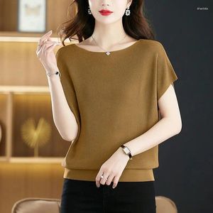 Dames T-shirts Koreaans Eenvoudig Woon-werkverkeer Veelzijdig Los Ijs Zijde T-shirt Met Korte Mouwen Effen Zomer Eén Lijn Hals Vleermuis Gebreide Top