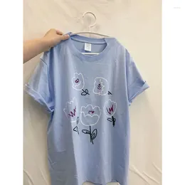 T-shirts pour femmes style coréen décontracté lâche t-shirt imprimé floral tendance hauts été mince surdimensionné manches courtes t-shirts streetwear